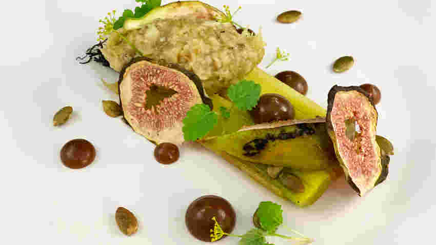 Leek Confit With Smoked Aubergine Tartare, Dates And Caramelised Figs (1...
